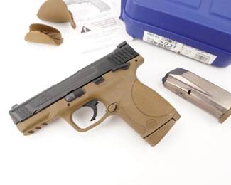 Make: Smith & Wesson
Model: M&P45C
Caliber: 45 Auto
Action: Semi
Barrel: 4
Bore: Shiny
Serial # HNS9111
Condition: Excellent
These compact versions of our popular full size M&P pistols may be smaller but they still pack a full-sized punch. Durable and comfortable, they are capable of handling as many rounds as you are. Engineered with an attention to detail and superior ergonomics, built on a high-strength polymer frame reinforced with a rigid stainless steel chassis. M&P pistols are the new standard in reliability when your job is to serve and protect and your life's on the line. Chambered in 45 ACP and sold with 2 magazines and the factory box, this pistol is in very good condition showing normal signs of use and wear. 