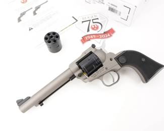 Make: Ruger
Model: Super Wrangler
Caliber: .22 Cal
Action: SA
Barrel: 5.5
Bore: Minty
Serial # 209-32580
Condition: Like New
Manufactured in 2024 The new Ruger Super Wrangler is a super-capable yet inexpensive .22 LR/.22 Magnum single-action revolver. This revolver features a black Cerakote finish that provides rugged reliability in all environments, Checkered synthetic grips on a Single-Six pattern grip frame, 5.5” Barrel and Additional Mag Cylinder. This Rifle is sold with the factory box and is in excellent condition.