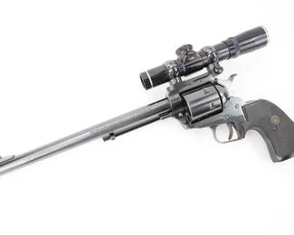 Make: Ruger
Model: New Model Super Blackhawk
Caliber: .44 Magnum
Action: SA
Barrel: 10
Bore: Shiny
Serial # 83-60733
Condition: Very Good
Handgun hunters, long-range competitors and fans of the single-action revolver are attracted to the classic design, rugged durability and smooth functioning of the Ruger New Model Super Blackhawk. Designed specifically to exploit the full potential of the powerful 44 Magnum cartridge, its advanced design delivers reliable performance for big-game hunters.Packed with all of the features of the New Model Blackhawk, these revolvers boast the power of 44 Magnum chambering, yet accept the lower-recoiling 44 Special. This revolver was manufactured in 1980 and features a 10” barrel paired with a thompson center scope. The revolver is in Very good condition showing normal signs of use and wear.