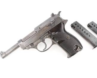 Make: Walther
Model: P. 38 AC43
Caliber: 9mm
Action: Semi
Barrel: 4.75
Bore: Bright
Serial # 4629K
Condition: Very Good
Importer: NVI
Walther P.38, AC 43, Produced at Walthers Zella-Mehlis factory in 1942. All Numbers matching. Proof stamped. SN 4629K. This Pistol is Sold with 3 magazines and remains in Very Good condition. Some pitting, otherwise normal wear. Action is smooth.