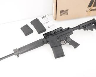 Make: Smith & Wesson
Model: M&P 10
Caliber: .308 WIN
Action: Semi
Barrel: 18
Bore: Bright
Serial # KN70826
Condition: Excellent
The M&P10 series of rifles is based on the AR-10. Smith & Wesson offers the M&P 10 semi-automatic rifles in a variety of configurations tailored to specific shooting applications and styles. In 2013, the M&P10 line was expanded to include the .308 Winchester caliber. Unveiled at 2013 SHOT Show, the rifle is available in several variants; the M&P10 (CA Compliant), M&P10 (Compliant), and the M&P10 CAMO are chambered in .308 Winchester. This Rifle includes a Handful of extras. Comes with a factory box,3Mags, and Rail Risers. This rifle is in Excellent condition showing normal signs of use and wear. 