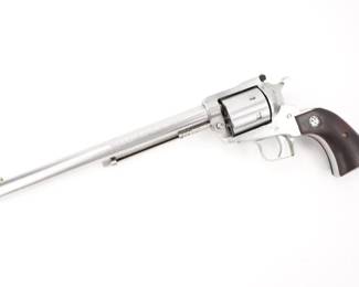 Make: Ruger
Model: New Model Super Blackhawk
Caliber: .44 Magnum
Action: SA
Barrel: 10
Bore: Shiny
Serial # 86-59042
Condition: Very Good
Handgun hunters, long-range competitors and fans of the single-action revolver are attracted to the classic design, rugged durability and smooth functioning of the Ruger New Model Super Blackhawk. Designed specifically to exploit the full potential of the powerful 44 Magnum cartridge, its advanced design delivers reliable performance for big-game hunters.Packed with all of the features of the New Model Blackhawk, these revolvers boast the power of 44 Magnum chambering, yet accept the lower-recoiling 44 Special. This revolver was manufactured in 1993 and features a 10. inch barrel. The revolver is in very good condition showing normal signs of use and wear. 