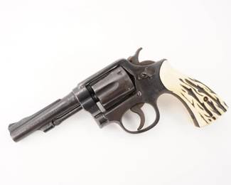 Make: Smith & Wesson
Model: M&P
Caliber: .38 S&W Special CTG
Action: DA
Barrel: 4
Bore: Frosty
Serial # 993202
Condition: Good
Smith and Wesson 1905, or M&P and or Pre model 10. No mater what you call in, it is a classic Smith & Wesson revolver in 38 Special. This one has 4 inch barrel. Good Condition, normal signs of use and wear. 