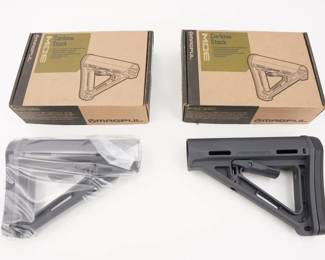 Make: MagPul
Model: MOE MAG401-GR
Caliber: Set of 2
Condition: New
A drop-in replacement buttstock for AR15/M4 carbines using Commercial-Spec sized receiver extension tubes. Designed for light, fast action the streamlined A-frame profile avoids snagging and shields the release latch to prevent accidental activation. The Commercial-Spec Model includes an extended 0.55" thick rubber butt-pad to provide positive shoulder purchase and accommodates the longer, slanted back common to most commercial-spec tubes.