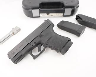 Make: Glock
Model: 30SF
Caliber: .45 Auto
Action: Semi
Barrel: 4
Bore: Bright
Serial # RBT179
Condition: Very Good
Importer: Glock Inc
Country: Pistol
The GLOCK 30 SF in 45 Auto caliber has a shortened frame with reduced grip dimensions. Its compact design and simple operation allow smooth drawing and handling of the pistol. Thanks to these advantages the G30SF is one of the favorite choices of plainclothes officers and security personnel around the world. Sold with 3 magazines and an additional barrel, this pistol is in very good condition showing minimal signs of use and wear.