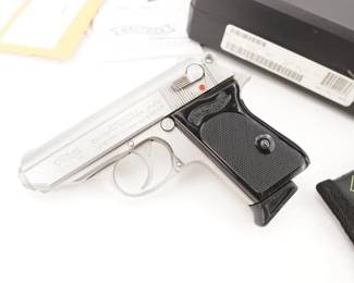 Make: Walther
Model: PPK
Caliber: 9mm Kurz/.380 ACP
Action: Semi
Barrel: 3
Bore: Bright
Serial # A028127
Condition: Very Good
Importer: Interarms
Walther’s industry-leading innovation takes the spotlight with their PPK model handguns. At the time of its invention over 80 years ago, the PPK inspired an entirely new category in the firearm industry, now widely known as the concealed carry pistol. To fill the need for performance in a concealable package, Walther broke the mold of pocket pistols and full-size military pistols to bring undercover officers a more-practical and reliable option, the PPK. It is chambered in.380 ACP, the PPK provides all the power needed in a self-defense pistol without sacrificing on critical functionalities. This pistol is sold with Factory case and paperwork. This pistol is in Great condition showing normal signs of use and wear. 