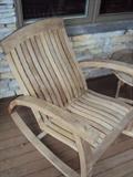 CUSTOM MADE TEAK ROCKING CHAIRS SET OF 2 AND MATCHING TABLE