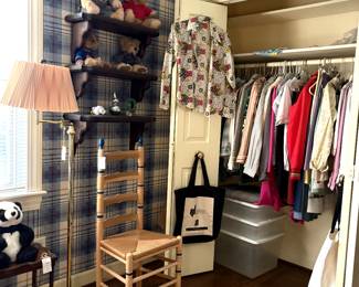 closets filled with clothes (small sizes), shooes, purses, handbags, Boyd Bears,  wall shelves 