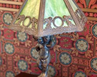 Art Nouveau Green & White Slag glass Cast metal Lamp