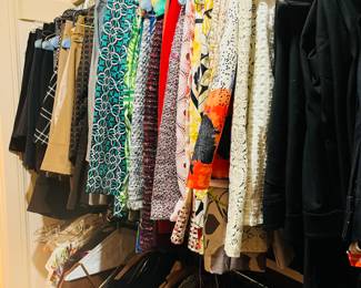 Skirts, Shirts, Formal, Elevated Casual and workout clothing. Most of it is new with tags.  Size 0,2,4,6, Small, X-Small.  Shoes are 6, 6.5 and 7.  Over 60 pair and brand new.  