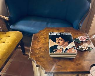 1960's Burlwood Side Table. Small settee (there are 2 identical).