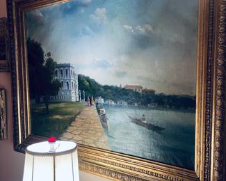 We are still researching the artwork, but as you can see, it's stunning.  Original painting with beautiful frame.  Details to follow.