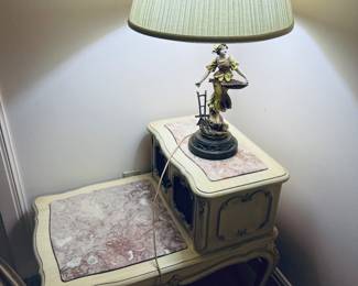 Two matching marble and wood night stands.  1960's. Matching Lamps.