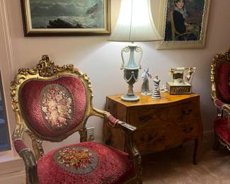 Original Artwork, French Baroque Upholstered Chair, Louis XV Commode, Vintage Phone, Lamps