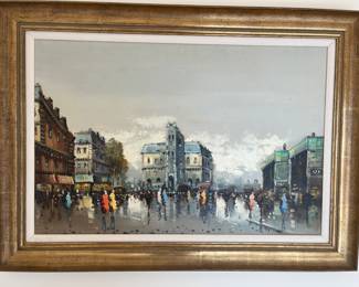 We are still researching the artwork, but as you can see, it's stunning.  Original painting with beautiful frame.  Details to follow.
