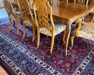 Satinwood French Style Dining Table and Chairs. Beautiful Condition. 1960's.  
Dining Table - 45w x 64d x 30h
1 - 16 inch leaf
Side chairs - 20w x 21d x 43h
Seat Height: 19.5
Arm Chairs - 26w x 22d x 44h
Seat Height: 19.5