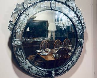 Venetian Etched Glass Mirror. Height 28.3 inches, Width 22.4 inches, Depth 2 inches.