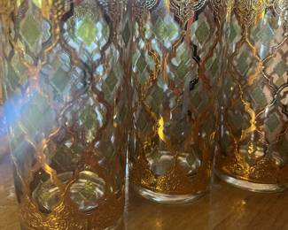 Vintage Culver Valencia Glasses.  Mid Century. 5.75" 22K Gold Green Diamond Set. 