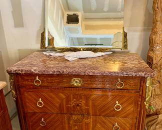 Antique Marble Top Mahogany and Satinwood Marquetry Chest with Bronze Accents