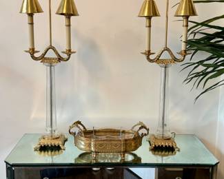 19c. Louis XVI Dore Bronze and Crystal Centerpiece, Pair of Neoclassical Dore Bronze and Glass Lamps