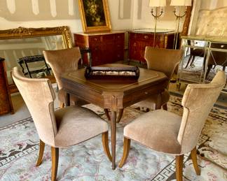 Mahogany Leather Top Game Table with Gold Tooling, Set of 4 Mohair Upholstered Chairs