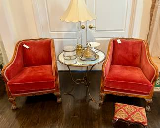 Pair of Velvet Upholstered Chairs with Paw Feet, Antique Mirror and Brass Accent Table, Diminutive Foot Stool
