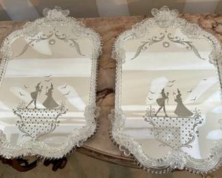 Pair of Antique Etched Mirrors Depicting a Courting Scene