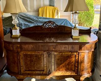 Burl Wood Cabinet, Pair of Cut Crystal and Bronze Lamps