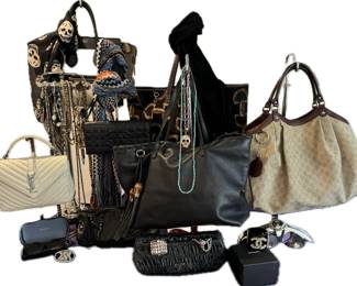 Designer Handbags incl: Chanel, Celine, Gucci, Prada. Costume Jewelry