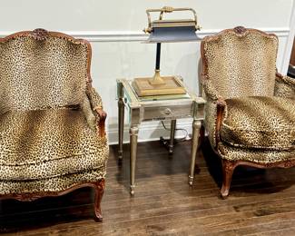 Pair of Leopard Upholstered Bergere Chairs, Mirrored Accent Table