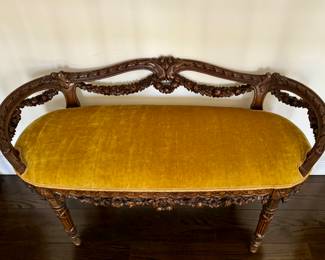 Diminutive Carved Wood Upholstered Bench