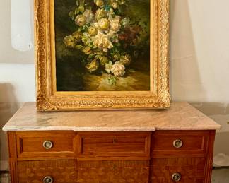 Antique Marble Top Mahogany and Satinwood Parquetry Chest