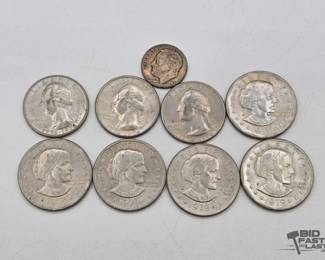 725  5 $1 Dollar Coins, 3 Quarters  1 Dime 