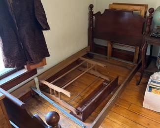 vintage twin bed, shelves