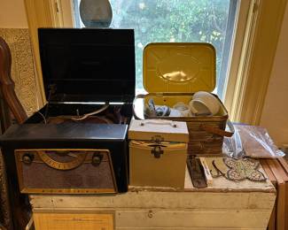 vintage record player, old cameras