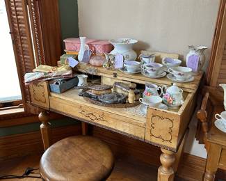 french provincial secretary desk, tea sets, vanity items