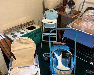 vintage baby toys, glass baby bottles, ect