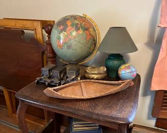 end table, home decor, globe, books