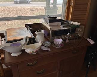 gravy bowls, dry sink, vintage receiver  