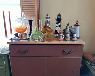 candy dishes, cases, lighthouse decor, dry sink