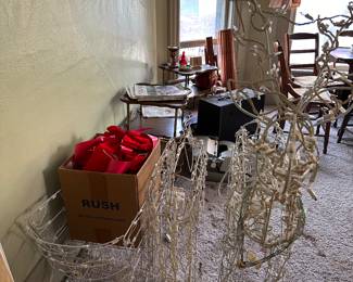 Christmas decor, lighted Reindeer set (all tested and works), end tables, vintage magazines and newspapers