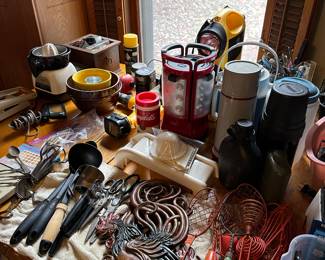 camping items, utensils, thermoses, cooking supplies, small tools
