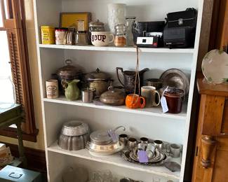 antique lanterns/ oil lamps, vintage cameras, tins, jars, pewter, pottery