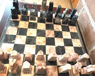 Onyx Mayan carved chess set