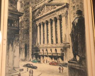 Nat Lowell (1880-1956) Color etching of the New York Stock Exchange