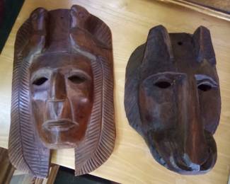 2 Mayan style hand carved wooden masks