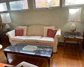 #6	Ethan Allen white camel back 3 cushion sofa, as is stain 7 foot	 $30.00 
#7	pair of mc marble top end table with one drawer on wheels 22x24x22	 $125.00 
#8	mc white brass and glass wheat lamp 35 inches tall	 $100.00 
#9	mc marble top coffee table on wheels 60x20x14	 $30.00 			
