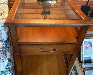 #11	imperial company mahogany end table with glass top and 1 drawer as is-side, 20x25x24	 $35.00 
