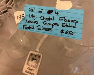 #133	Set of 4 Crystal Flower Leaves & Grape Etched Footed Glasses	 $20.00 
