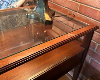 #11	imperial company mahogany end table with glass top and 1 drawer as is-side, 20x25x24	 $35.00 
